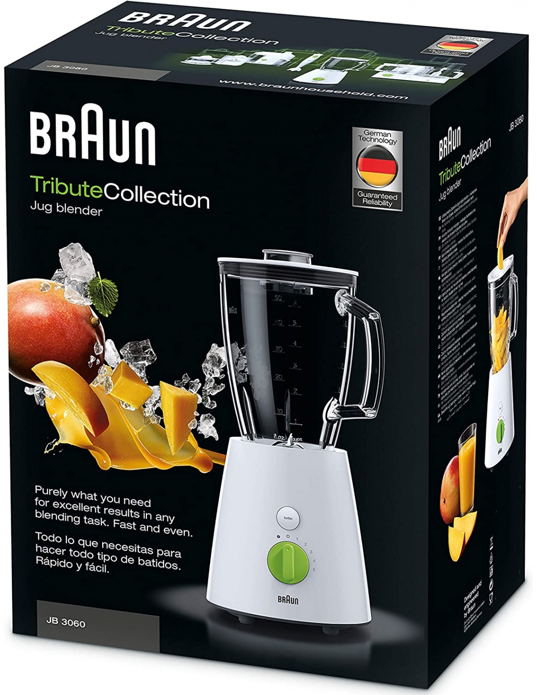 Batidora de vaso- Braun Tribute Collection JB3060WHS, 800W, Capacidad 1.75  l, Vidrio termoresistente, 5 velocidades, Blanco